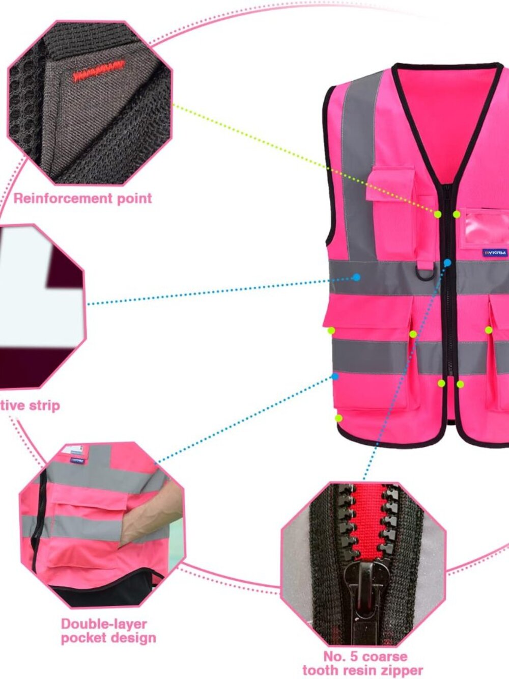 Pink Safety Vests for Women,Working Safety Vest with Reflective Strips,Medium - Picture 6 of 8